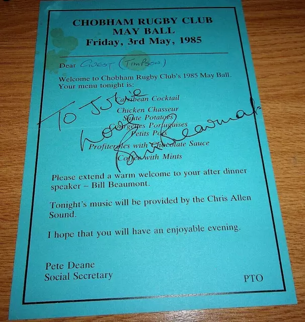 1985 Chobham Rugby Club May Ball Autographed Signed Bill Beaumont Fylde England