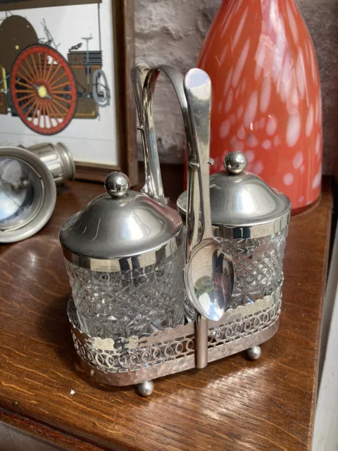 Antique Silver Plate Cut Glass Condiment Set With Spoons.