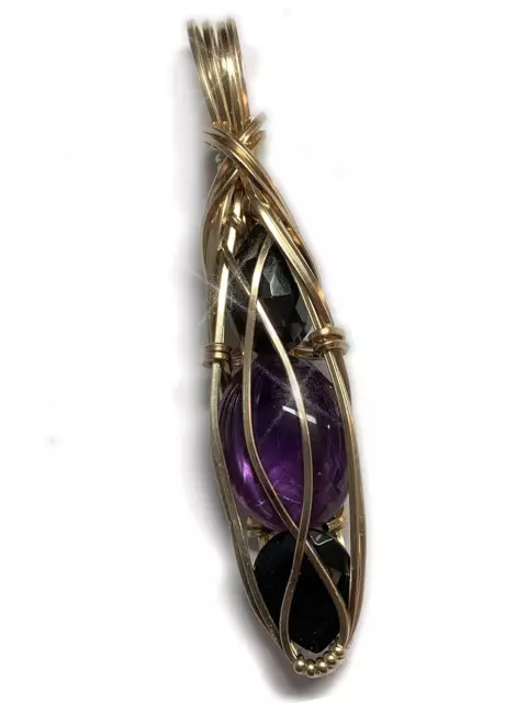 Black Tourmaline Amethyst Hematite Crystal Pendant Necklace 14K Gold Protection