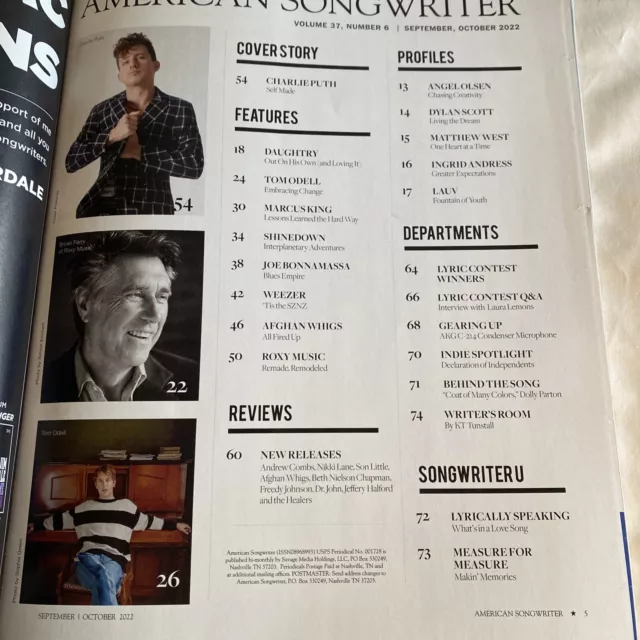 American Songwriter magazine, Sept/Oct 2022 volume 37, no 6 Charlie Puth 3