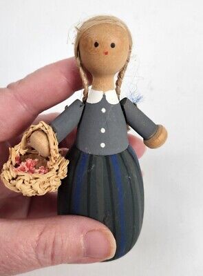 Vintage Susi-Lull Hand Painted Wooden Doll Made in Sweden 4" Wood Blue Klintas