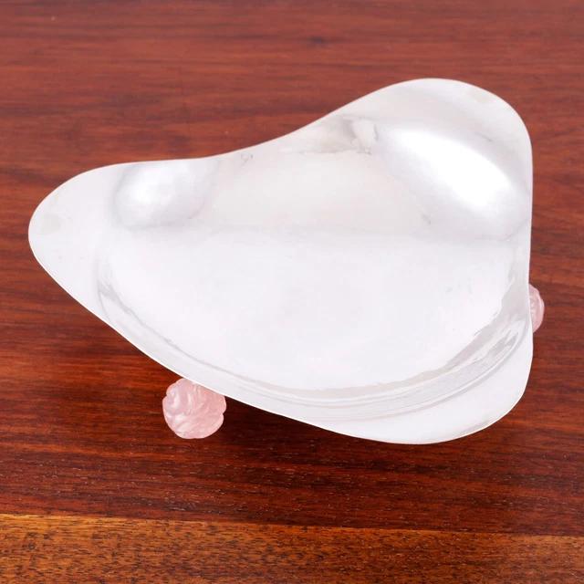 Asian 900 Silver Ball Footed Dish Hand Carved Rose Quartz Feet Hammered Bowl