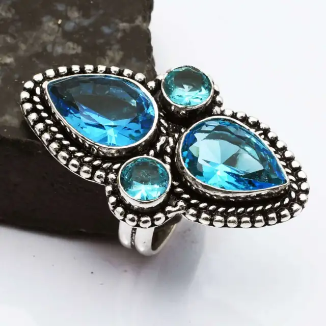 Blue Topaz Ethnic Handmade For Woman Ring Jewelry US Size-7.25 AR 3917