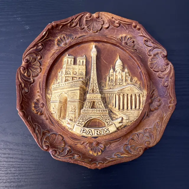 Vintage Wood-Like Resin 3D Carved 9" Plate Wall Decor Paris