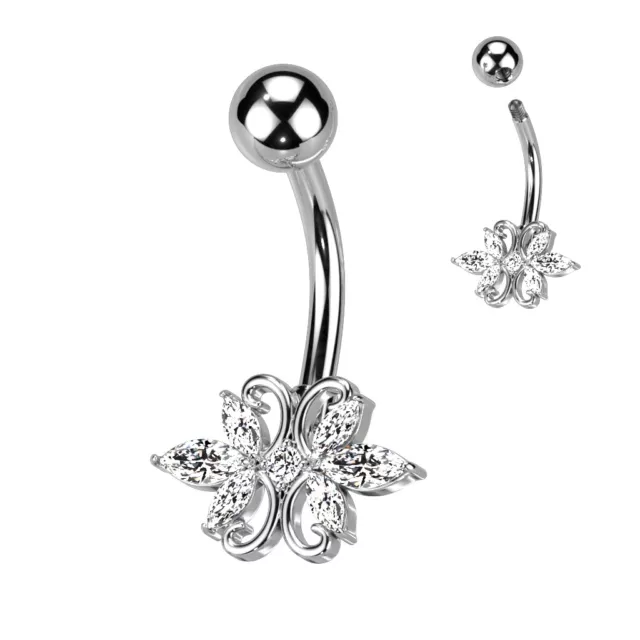 Piercing Nombril Acier Chirurgical 316L Double Coeur 3 Marquise CZ Clair