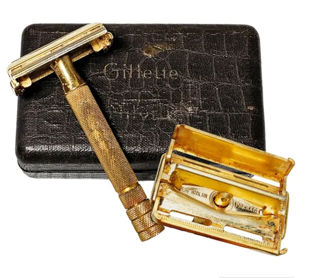 Vintage 1940's Gillette Milord Gold Tone TTO DE Razor /Original Case/Free Blades