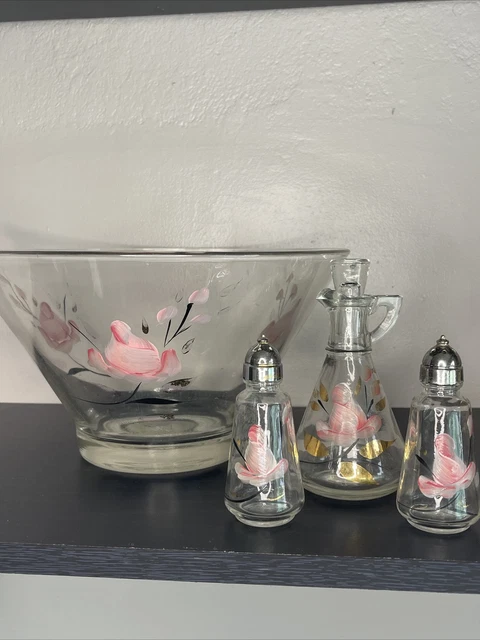 Hazel Atlas Pink Rose Large Serving Salad Bowl Oil Bottle Salt and Pepper Set