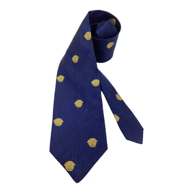 GIANNI VERSACE Blue Baroque Monogrammed Medusa Italy Silk Tie W: 3.75" EX COND