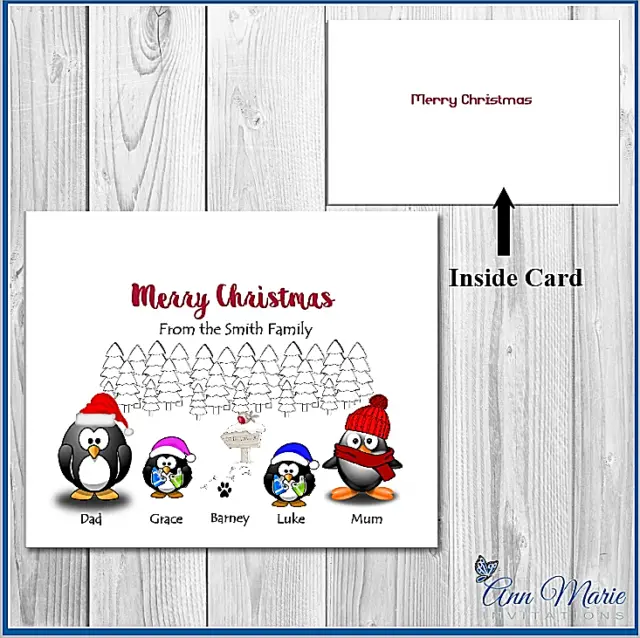 10 x PERSONALISED FAMILY CHRISTMAS PENGUIN CARDS XMAS GREETINGS  WITH ENVELOPES