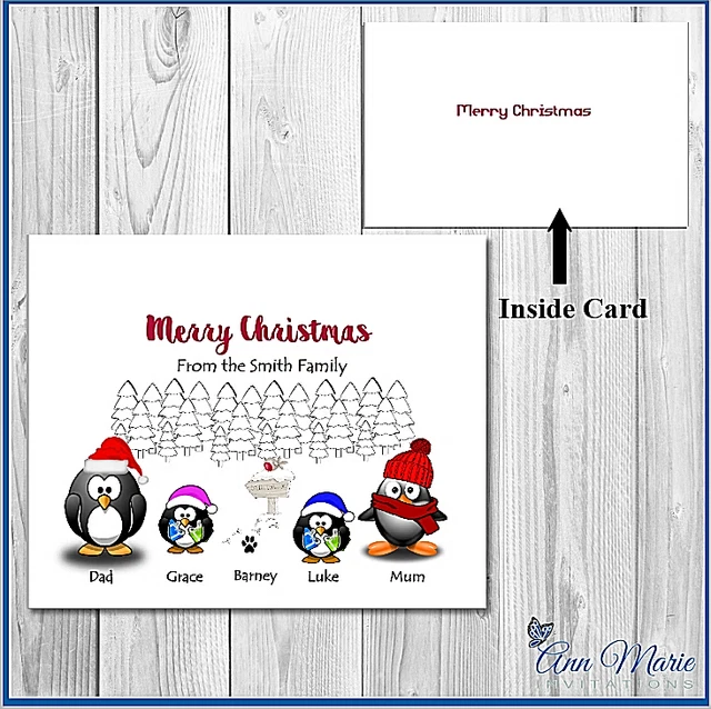 10 x PERSONALISED FAMILY CHRISTMAS PENGUIN CARDS XMAS GREETINGS  WITH ENVELOPES