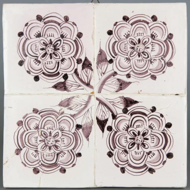 Nice Dutch manganese tile panel, flowers, Frisian Rose, circa 1800.