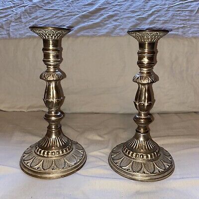 Pair (2) BRASS Painted Candle CANDLESTICKS holders 10” Ornate design