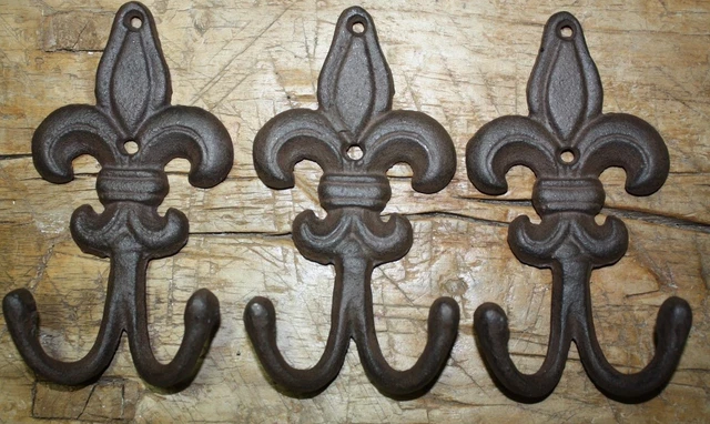3 Cast Iron Antique Style Rustic Fleur De Lis Coat Hooks Hat Hook Rack Towel