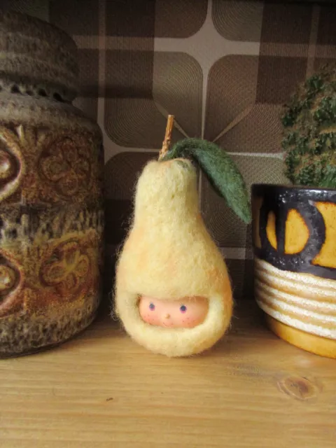 Needle Felted Pear with Doll Face Handmade Unique OOAK Anthropomorphic Ornament