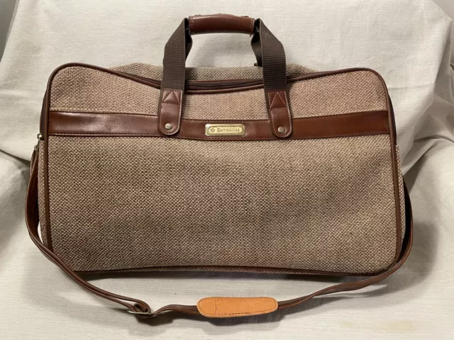 Vintage Samsonite Brown Tweed Overnight Carry On Shoulder Bag Adjustable Strap