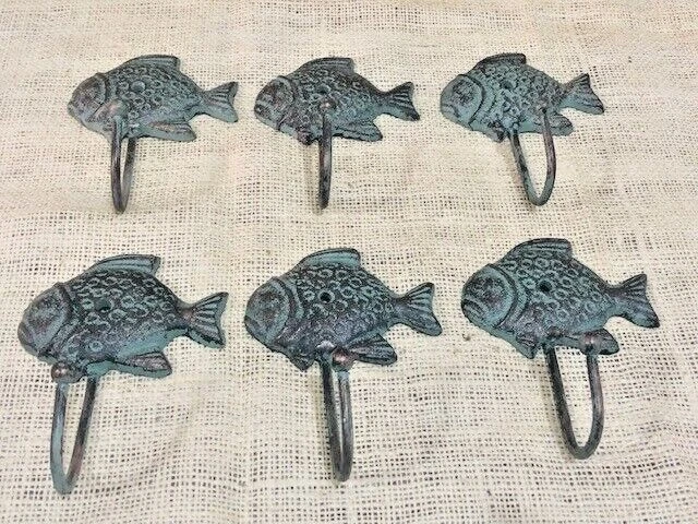 6 Cast Iron Fish Coat Hooks Rack Towel Bath Nautical Hat Hall Tree Fishing Dad