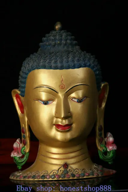 12" Tibet Tibetan Copper Gold Gilt Painting Shakyamuni Buddha Head Bust Statue