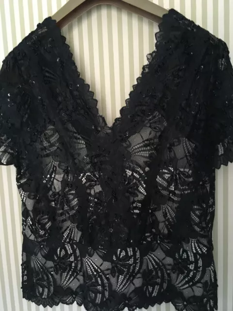NUOVO TOP DA DONNA DESIGNER ""GINA BARCONI"" TAGLIA 18 FODERATO CON PERLINE-Nero/Beige foderato