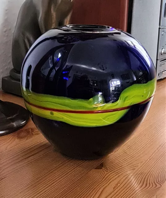 Stunning Murano Art Glass Deep Dark Blue With Yellow & Red Band Glass Round Vase