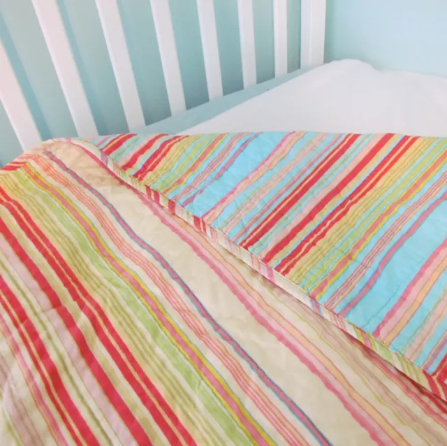 POTTERY BARN TEEN Striped Yellow/coral/aqua blanket Reversible Quilt 72x82 Full