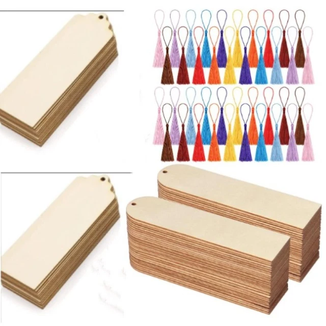 92-teiliges DIY-Lesezeichen-Set – 36 Unlackierte Holz-Lesezeichen, 36 Bunte Quasten, 20 Vorlagen, Für Bastler & Buchliebhaber