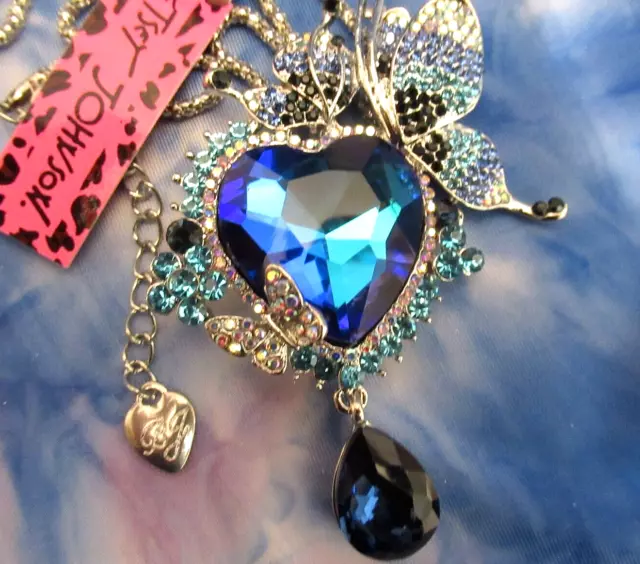 Betsey Johnson Inlay Blue Heart Crystal Butterfly Pendant Chain Necklace /Brooch