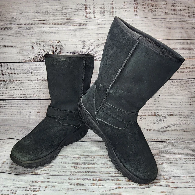 Skechers Shape Up Boot Women Sz 8.5 Nubuck Suede Leather Fleece Line Black Strap