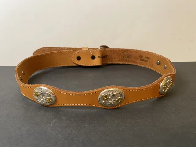 Vintage R Cowboy Leather Belt Concho Floral Oval Studded Western Style 34