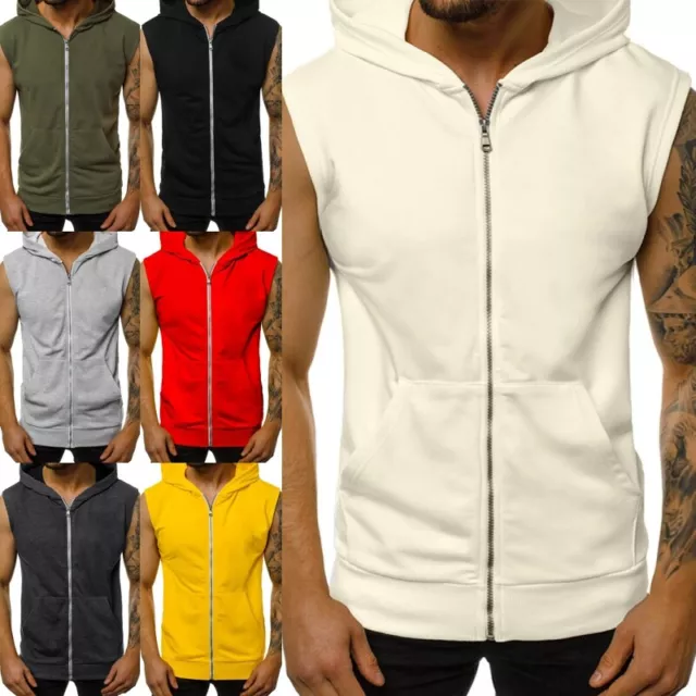 Mens Sleeveless Zip Up Hoodies Vest Solid Sport Gym Fitness Running Tank T Shirt