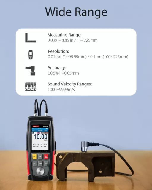 Wintact Digital Ultrasonic Thickness Gauge Tester Meter, Range 0.039 to 8.85 in