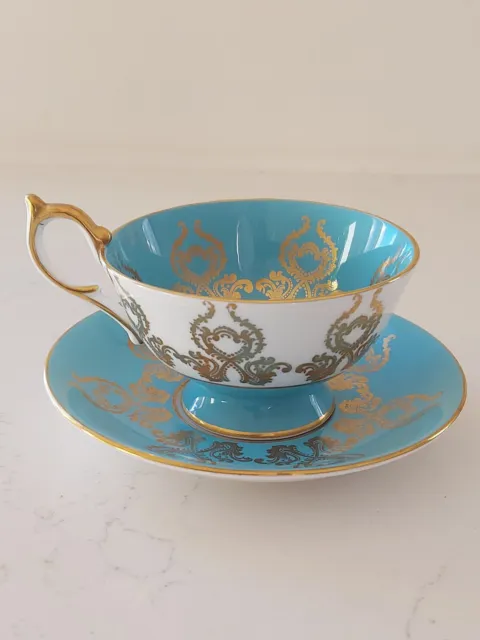 Aynsley Tea Cup & Saucer Turquoise White Orchard Gold 2832 Vintage 2