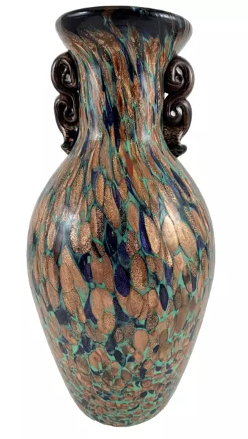 Mid Century MURANO Art Nouveau Aventurine Peacock Colors Handled Vase 9 3/4"