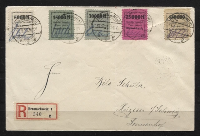 Gebührenmarken II Fa. Borek kompl. auf R-Brief Braunschweig nach Luzern (B03444) Gebührenmarken II Fa. Borek kompl. auf R-Brief Braunschweig nach Luzern (B03444)