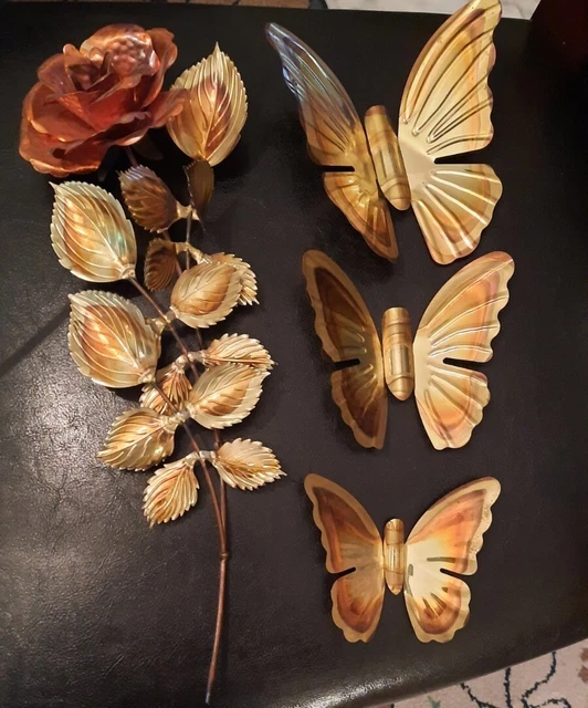 Lot 4 Vtg 70s Brass Copper Rose & Butterflies Home Decor Metal Wall Art Boho