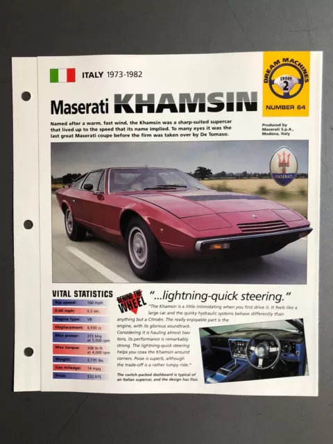 1973 - 1982 MASERATI Khamsin IMP "Hot Cars" Spec Sheet Folder Brochure Awesome