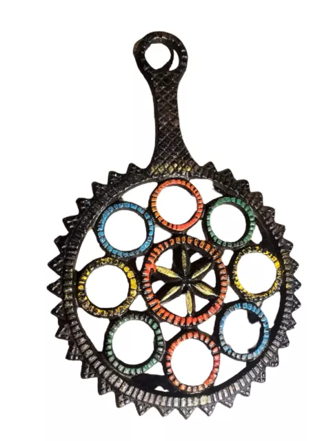Vintage Painted Cast Iron 9" Trivet Primary Colors On Black
