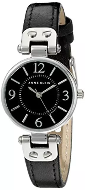 Anne Klein Women's 109443BKBK Silver-Tone Black Dial and Black Leather Strap