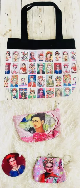 4 Piece Set 1 Frida Kahlo Tote Bag 12x14 Inches 1 Coin Bag 1 Mirror 1 Zipper Bag