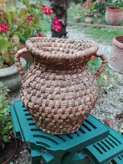 Antik Vase Korb Krug aus Stroh Geflochten Volkskunst