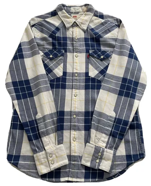 LEVI’S MENS LONG Sleeve Plaid Flannel Cowboy Shirt Size M Blue/White ...