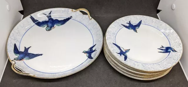 Hand-painted NIPPON Bluebird Design Cake Plate & 6 Dessert Plates