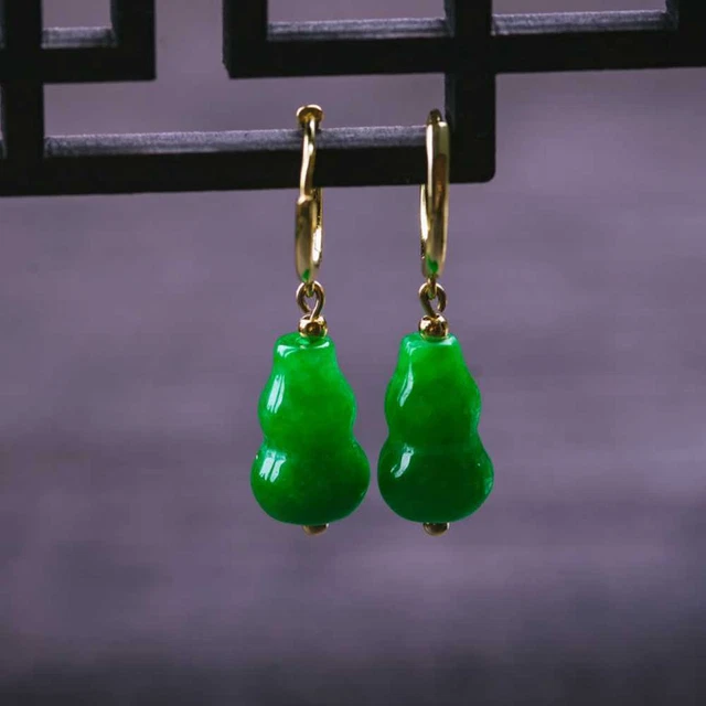 Natural Green Jadeite Jade Earring Gourd Pendant Lucky Christmas Jewelry Hook