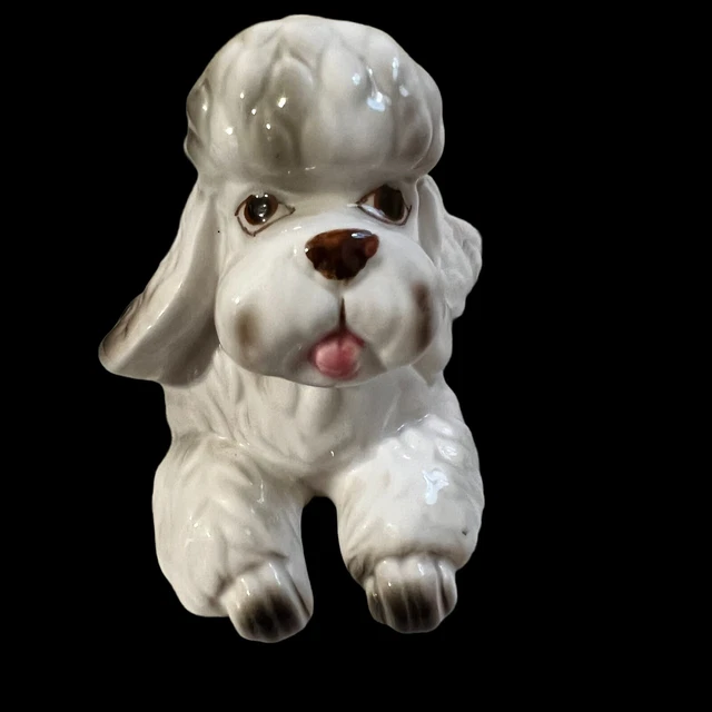 Vintage Lefton Porcelain White Laying Puppy Dog Poodle Figurine #04714