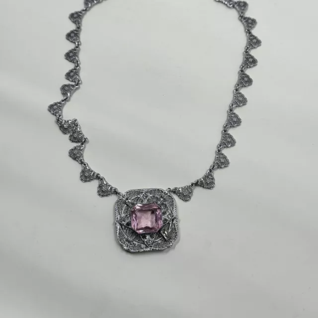 Art Deco Filigree Plainview  PS Co  Rhodium PINK Glass Necklace