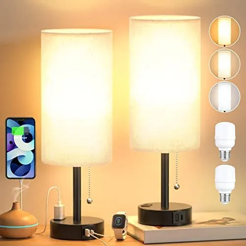 Lamps for Bedrooms Set of 2 with 3 Color Modes - Nightstand Lamp with USB C+A...