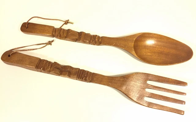 Vintage Titi Totem Giant Wooden Fork & Spoon Wall Decor Hand Carved 22" Long