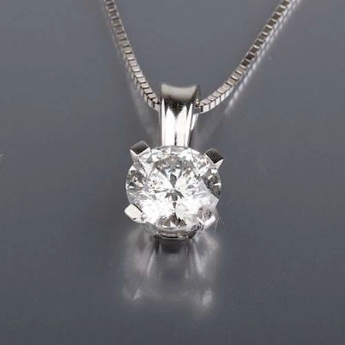 Diamond Pendant Solitaire Necklace Round Vs1 D 14K White Gold And Chain 4 Prongs