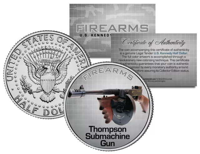 THOMPSON SUBMACHINE GUN Firearm JFK Kennedy Half Dollar U.S. Colorized Coin