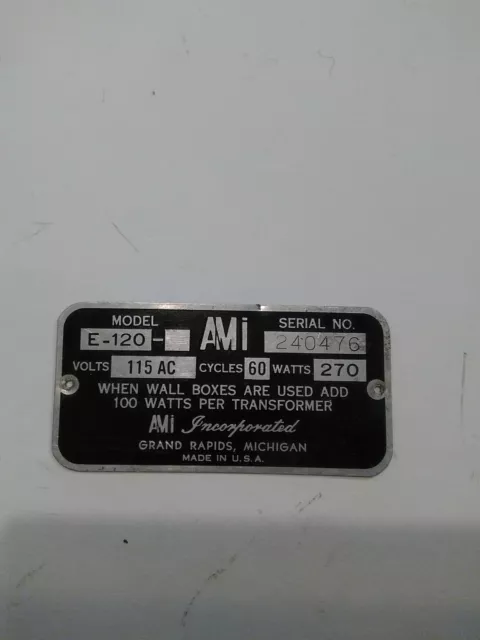 AMI Jukebox ID Plate Model E-120