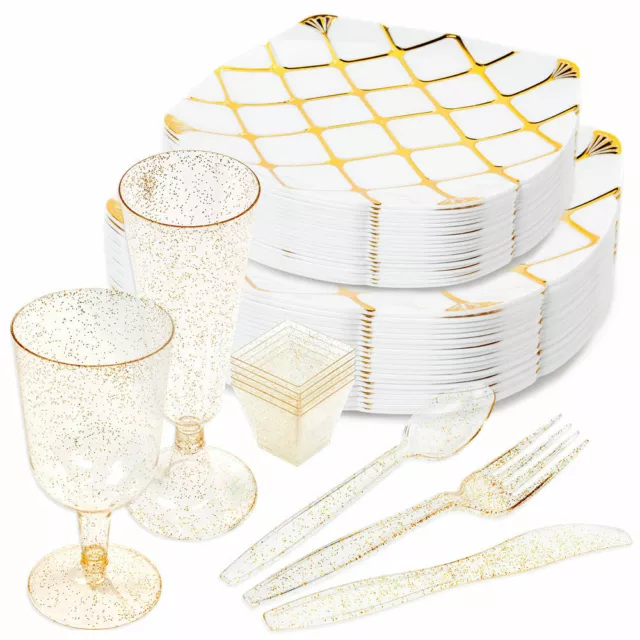 Plastic Champagne Plates Cutlery Glitter Gold Wedding Dinner Set Party Tableware